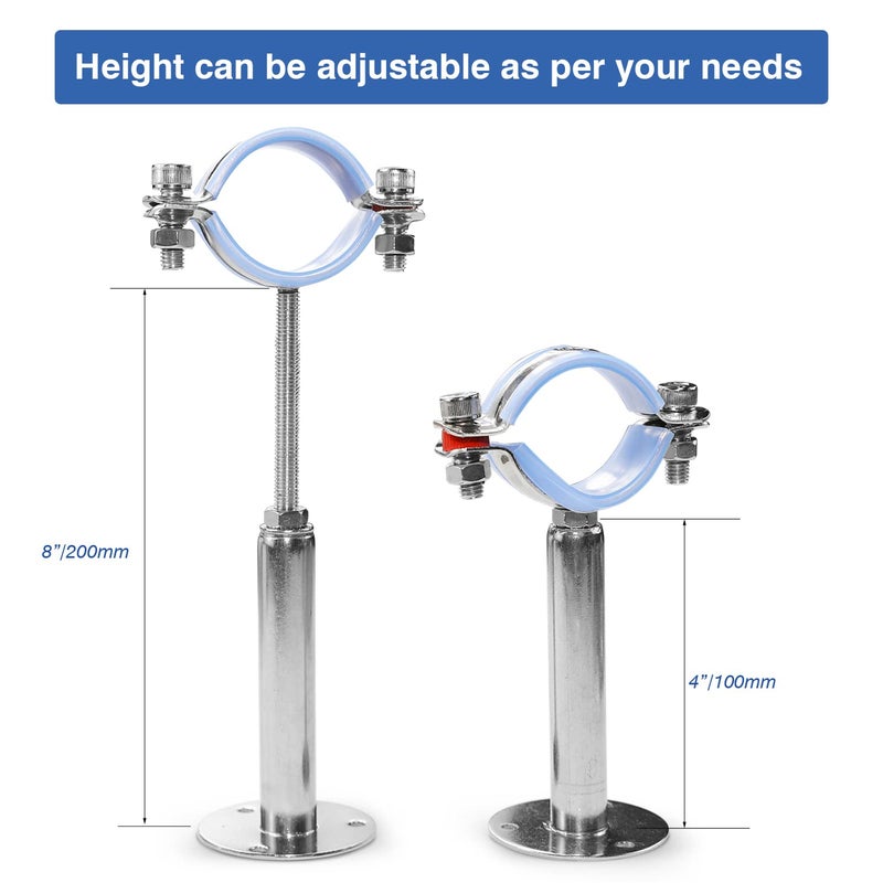 AKIHISA 2 Pcs 304 Stainless Steel Pipe Supports, Wall Mount Ceiling Mount Pipe Hanger, Pipe Holder for OD Pipe 38-40MM Adjustable Height Range 100-200mm - Image 3